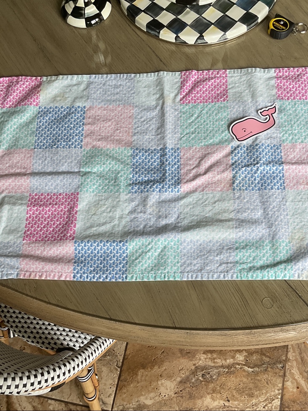 Pastel Patchwork Whale Print fabric - Pink Blue  28 by 18 whale sticker included